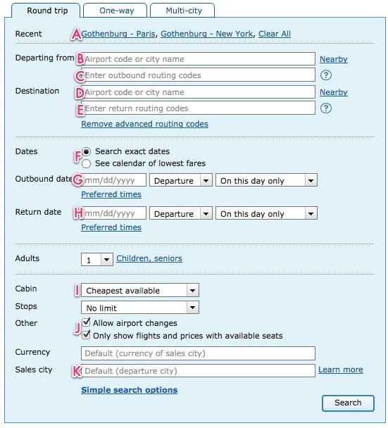 Sök efter flygbiljetter med ITA Software - sökformuläret